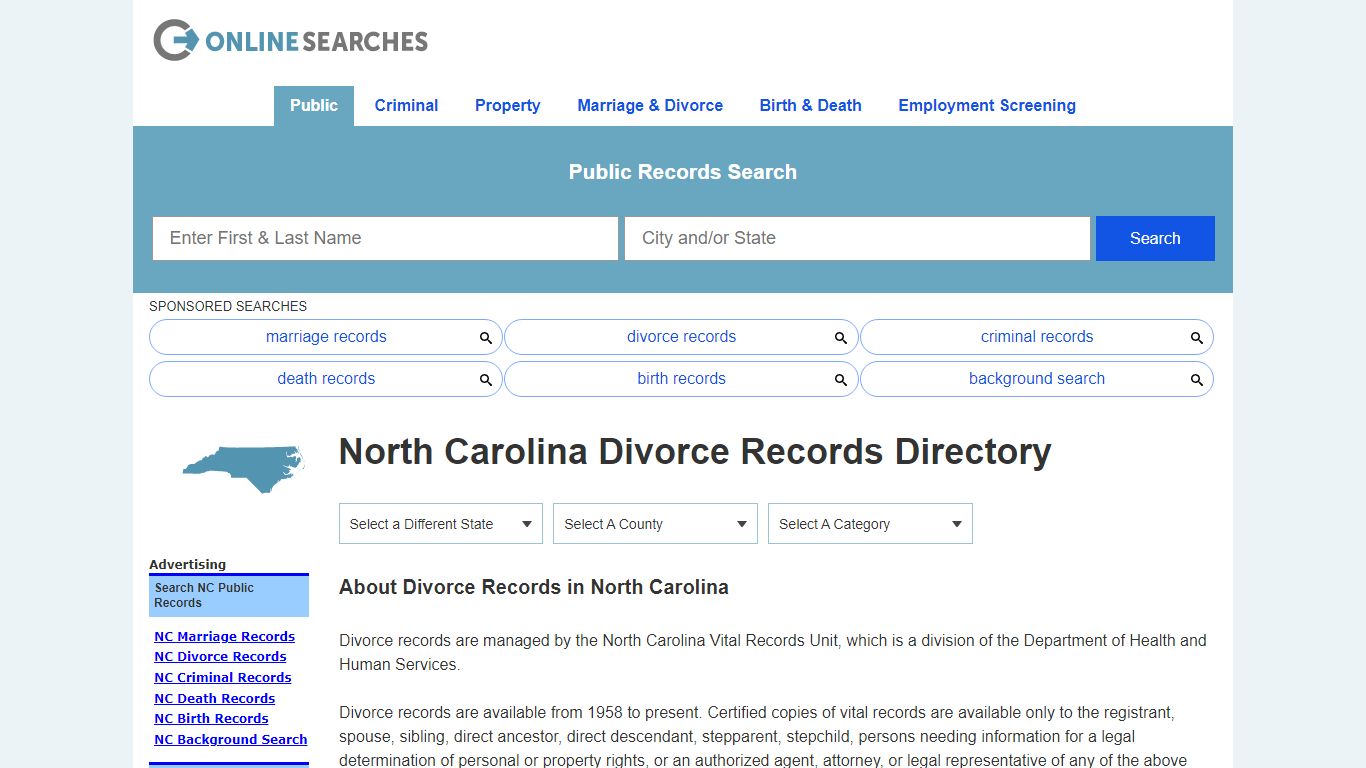North Carolina Divorce Records Search Directory - OnlineSearches.com